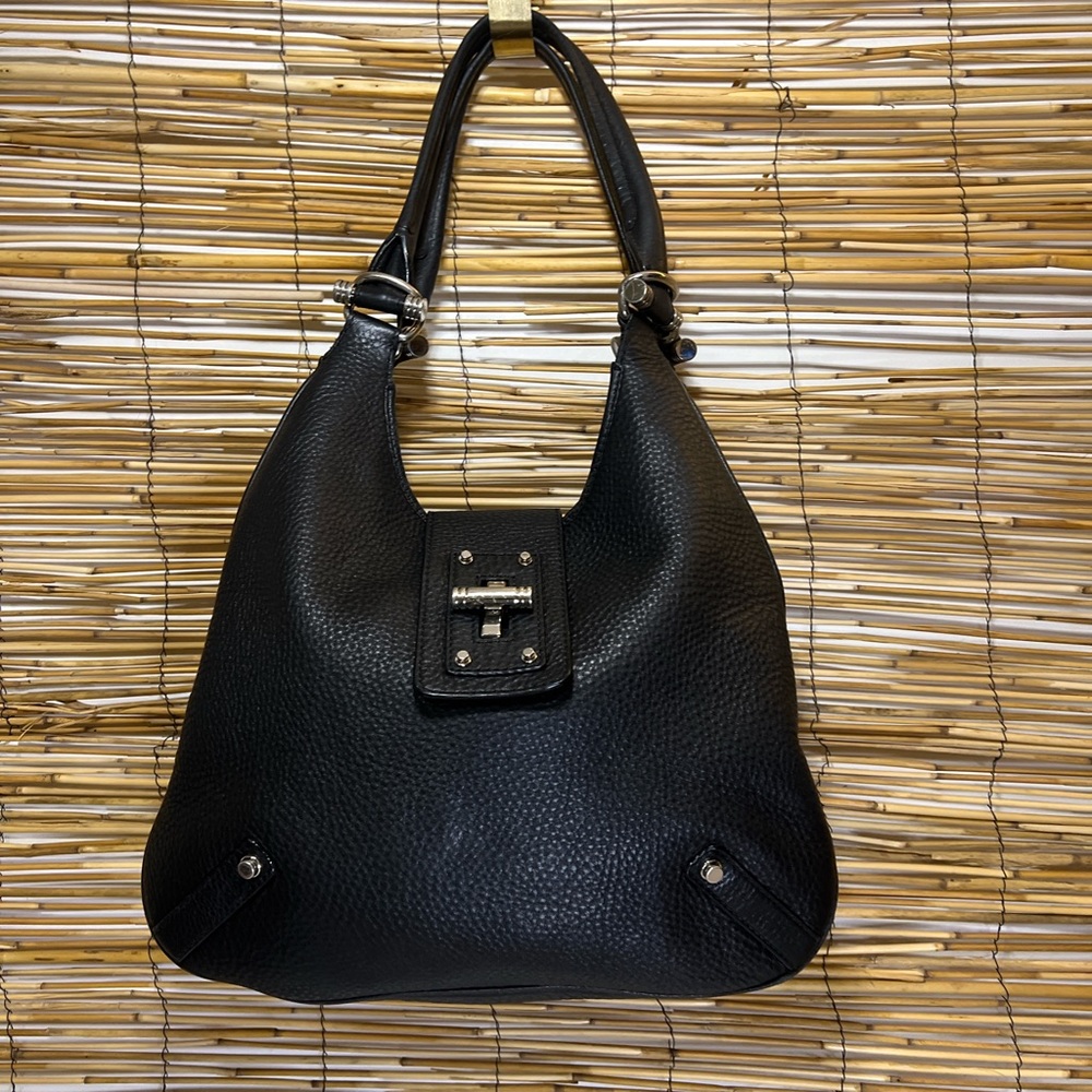 Banana Republic Black Pebbled Leather Hobo Shoulder Bag with Silver Accents